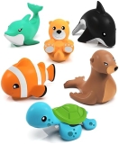 Tub Works Marine Mold-Free Bath Toys, 6 Pack | Sealed Design, Soft & Floatable | Easy-Grip Baby Bath Set