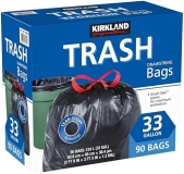 Kirkland Signature 33 Gallon Black Drawstring Trash Bags, 90 Count, Tear-Stop, 100 Recyclable
