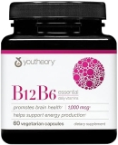 Youtheory Vegan B12 B6 Vitamins - Brain, Energy Immunity Support - 60 Gluten-Free Capsules