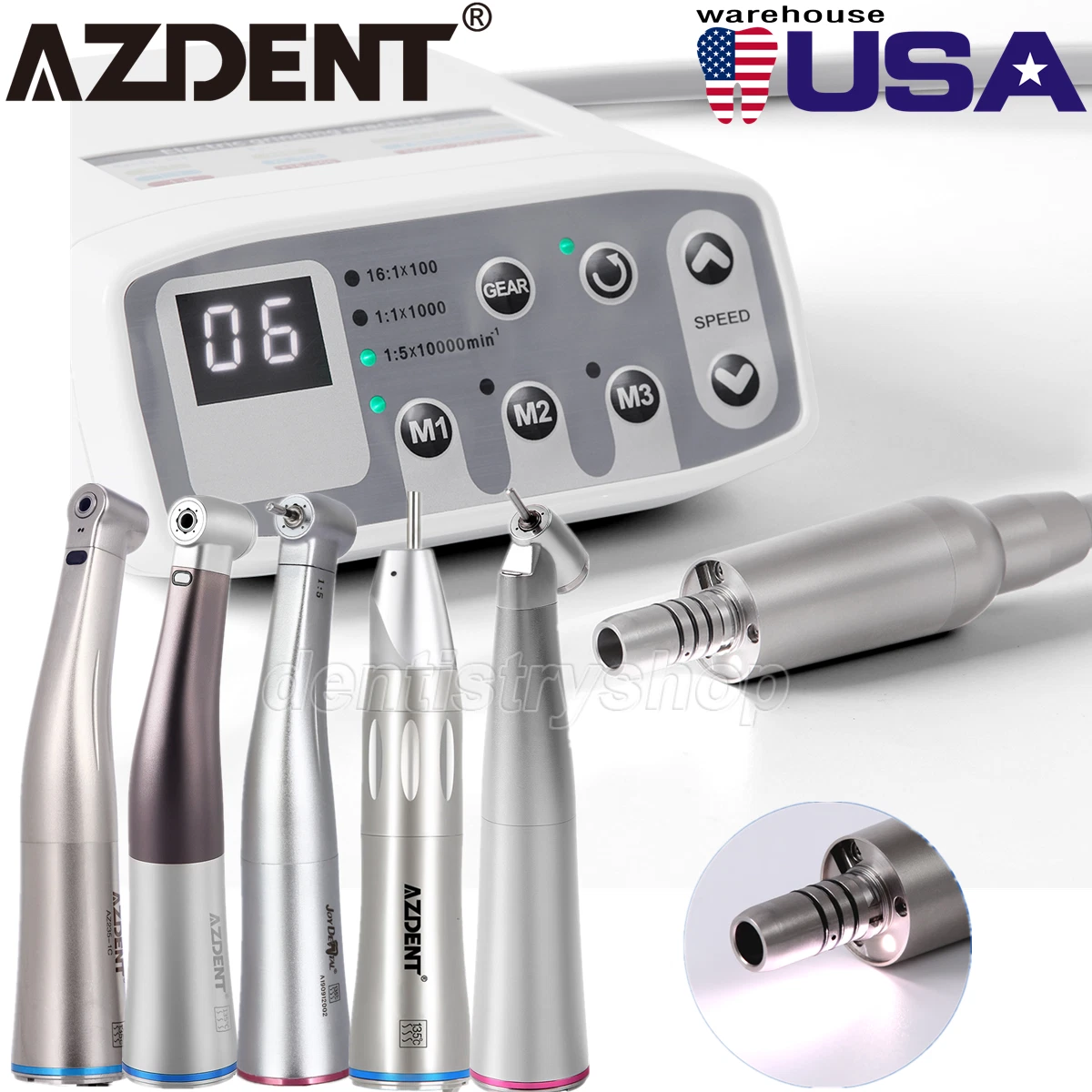 AZDENT Dental Electric LED Brushless Micro Moto1:1/1:5 Increasing