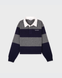Sporty&Rich Serif Logo Cashmere Rugby Polo - Heather Gray/Navy/Ecru