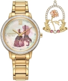 Citizen Womens Eco-Drive Belle Watch and Pin Gift Set Gold Stainless Steel Beauty Beast