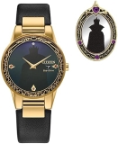 Citizen Ladies Eco-Drive Evil Queen Watch Pin Set Black Dial Gold Case Leather Strap