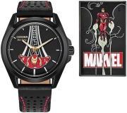 Citizen Mens Eco-Drive Tony Stark Marvel Watch Black Leather Strap Black Dial AW2095-41W