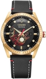 Citizen Eco-Drive Marvel Tony Stark Gold Stainless Steel Watch with Black Leather Strap 43mm