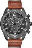 Citizen Eco-Drive Weekender Mens Chronograph Watch Black Dial Brown Leather Strap AT2447-01E