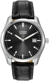 Citizen Mens Classic Eco-Drive Black Leather Strap Watch with Date and Luminous Hands