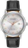 Citizen Mens Classic Eco-Drive Watch with Leather Strap, 3-Hand Date Display